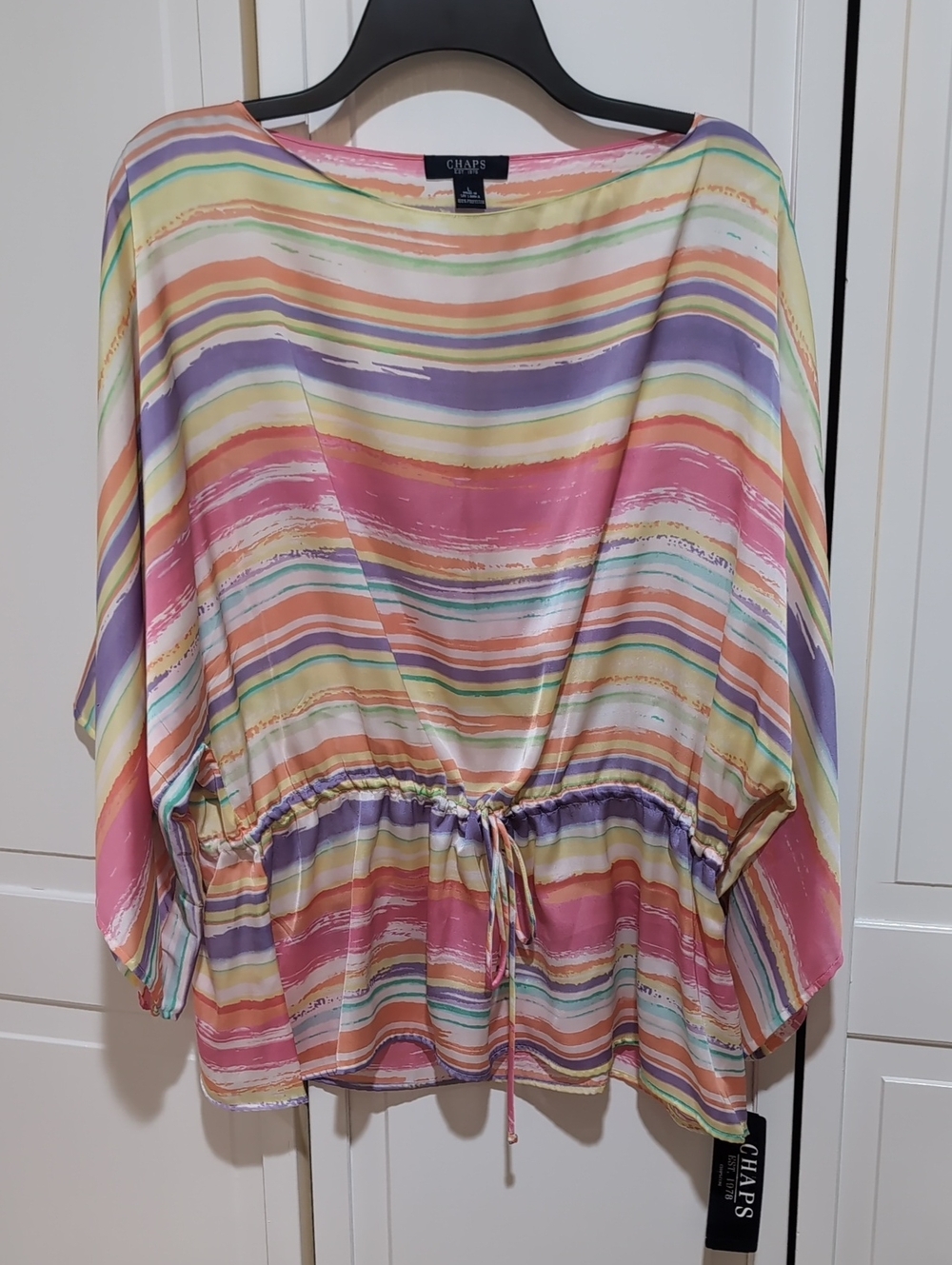 NWT Chaps Pastel Striped Blouse With Dolman Sleeves & Drawstring Waist - L